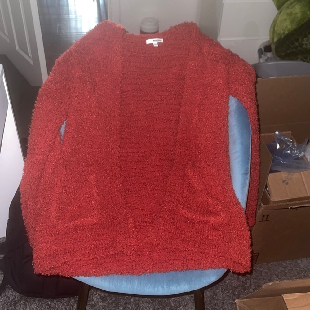 Red fuzzy cardigan with hood
